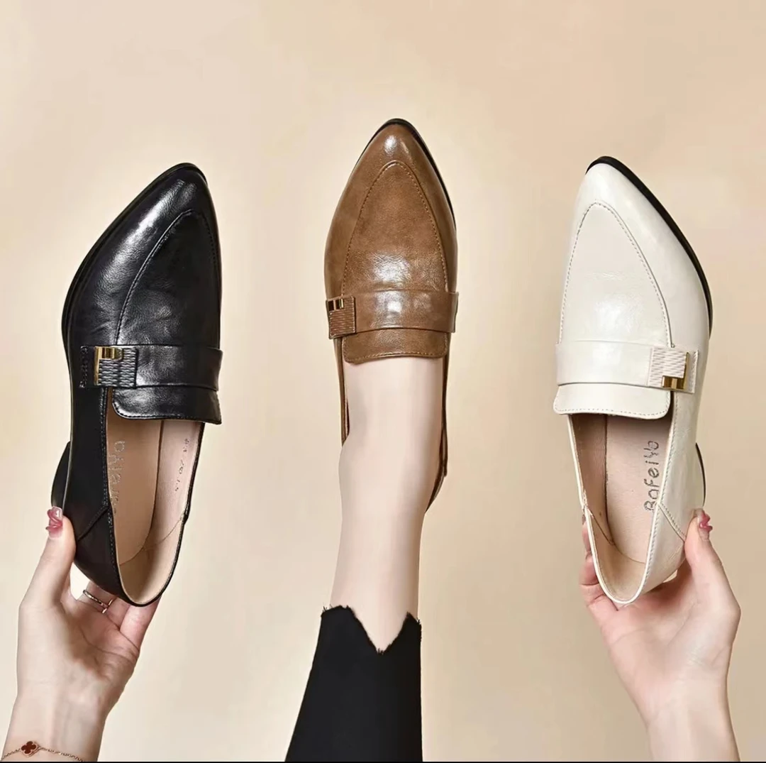 【朵苮品牌】尖头单鞋女2025春季新款真皮女鞋通勤英伦风乐福鞋