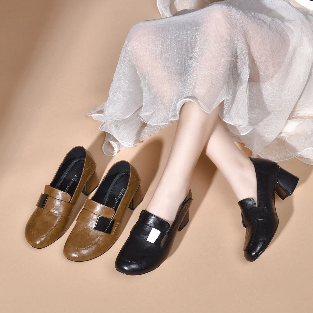 【品牌力荐】新款女鞋单鞋粗跟软底中跟低跟百搭小皮鞋豆豆鞋女9778