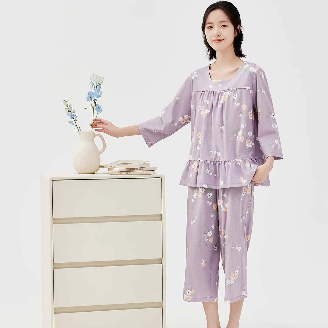 顶瓜瓜套头女睡衣纯棉七分袖裤春夏薄款圆领家居服印花24新款全棉