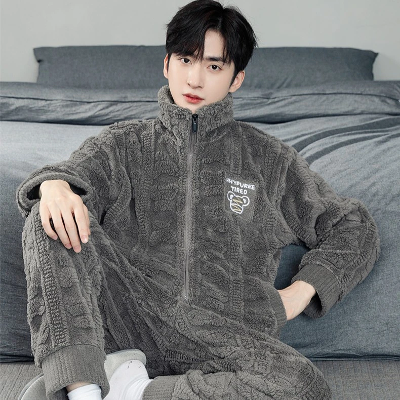 冬款男士秋冬季冬天加绒加厚法兰绒珊瑚绒家居服开衫保暖长袖套装