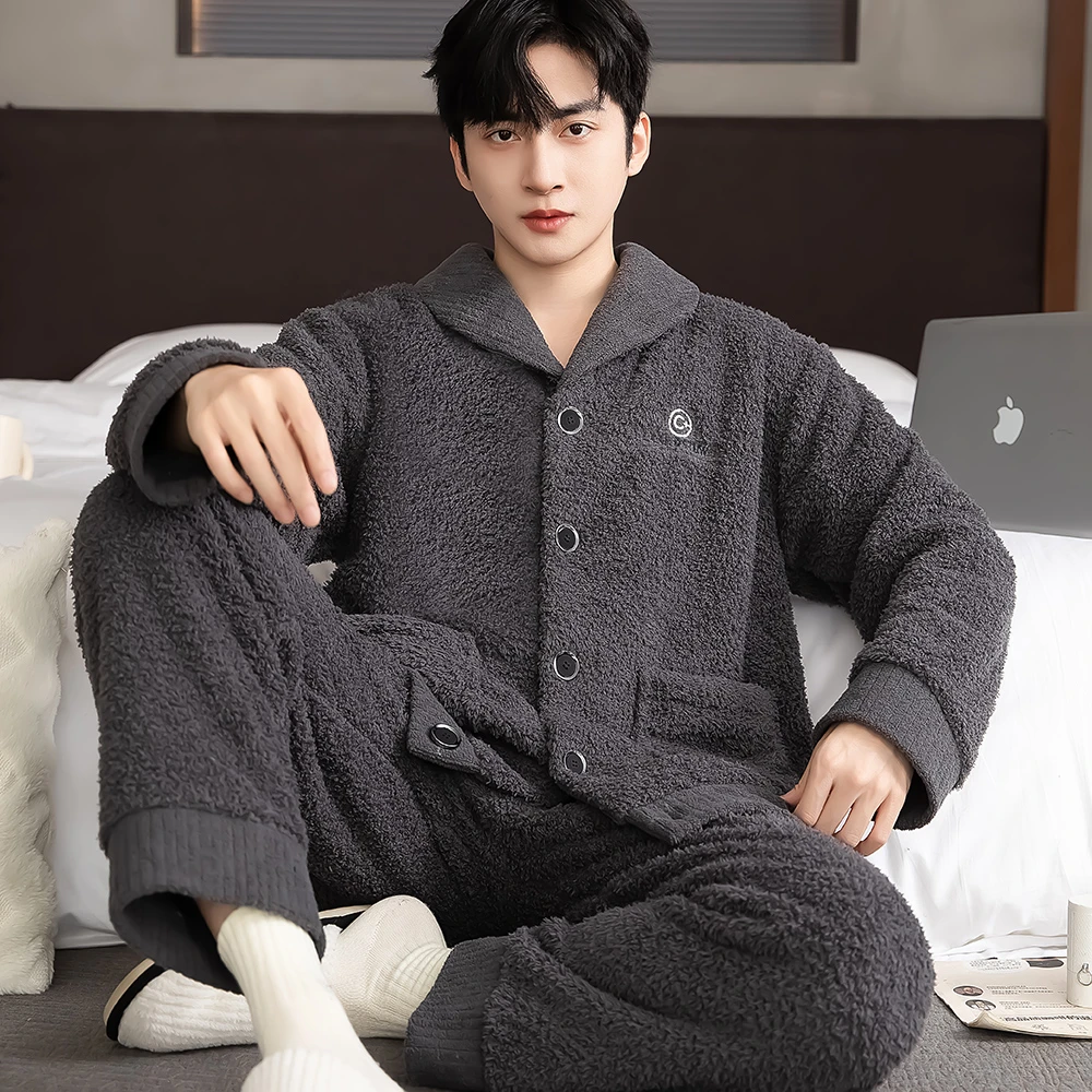 睡衣男秋冬加厚加绒法兰绒套装珊瑚绒家居服男士睡衣冬款加厚加绒