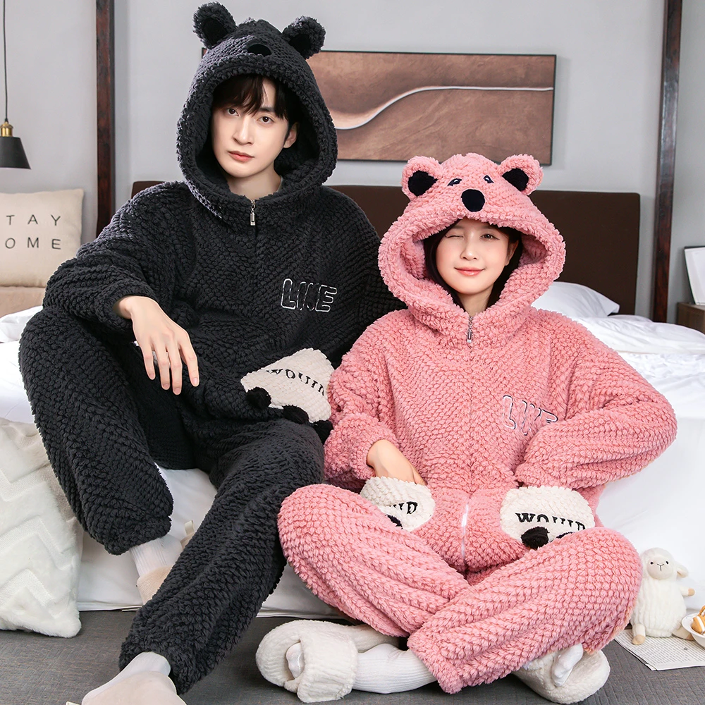 情侣加绒女秋冬季加厚珊瑚绒男士可外穿法兰绒加绒睡裤套装家居服