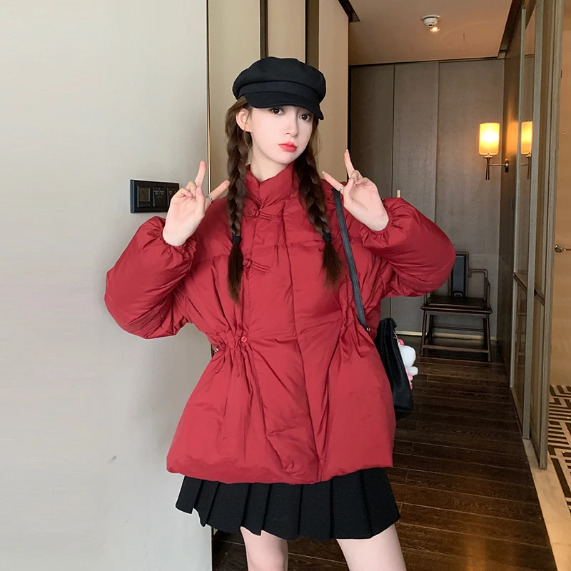 复古酒红色羽绒服女2024年新款冬季加厚高级感国风盘扣白鸭绒外套