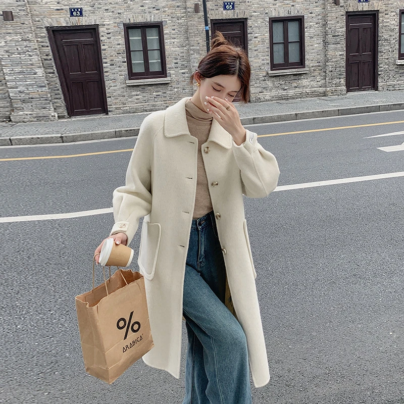 米白色单排扣双面羊绒呢大衣女中长款2024秋冬高级感气质毛呢外套