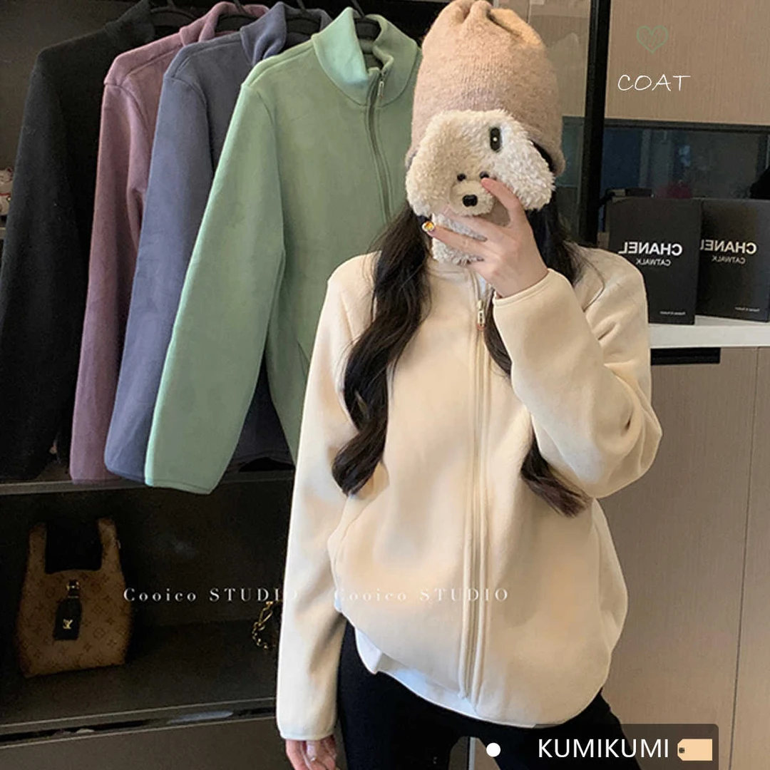 纯色立领毛绒绒卫衣外套女装早秋小个子加厚外搭休闲上衣