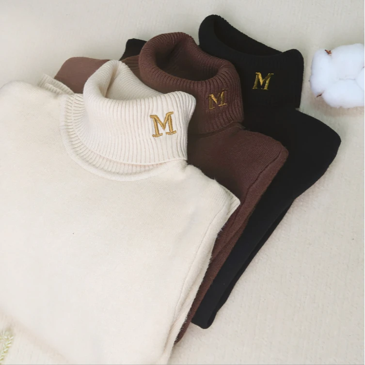 韩系复古秋冬女童百搭高领字母加绒打底毛衣D23008