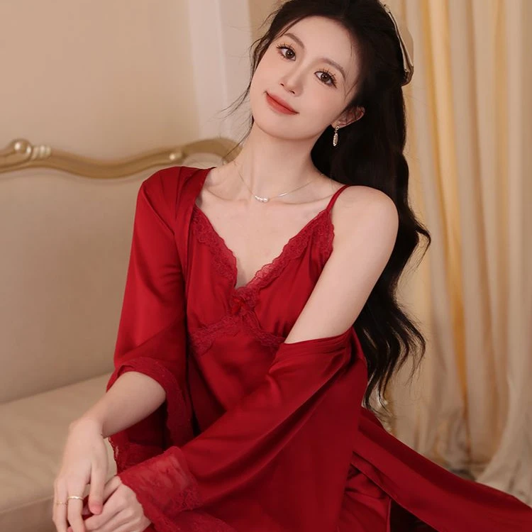 法式宫廷风高级感新婚睡裙女晨袍红色长款两件套春秋冰丝吊带睡衣