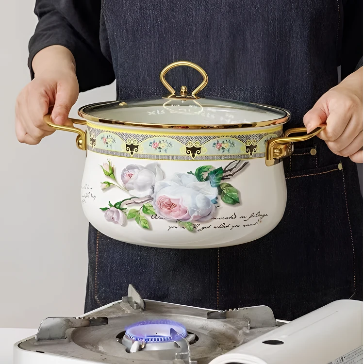 24CM古典汤锅搪瓷珐琅加厚高颜值炖锅可视盖汤锅