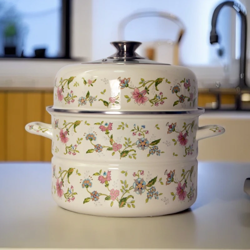 28cm搪瓷蒸锅双层大容量加厚搪瓷家用蒸锅复古芳香花热销款TX19