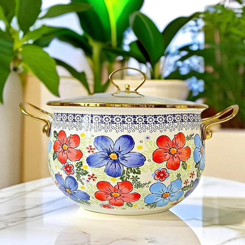 26cm精品汤锅七色花图案珐琅搪瓷汤锅玻璃盖加厚加高炖锅
