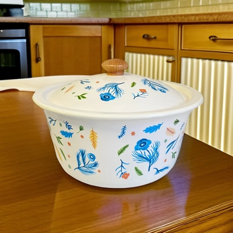 22厘米高颜值羽毛图案珐琅搪瓷猪油罐大容量带盖和面盆汤盆汤锅