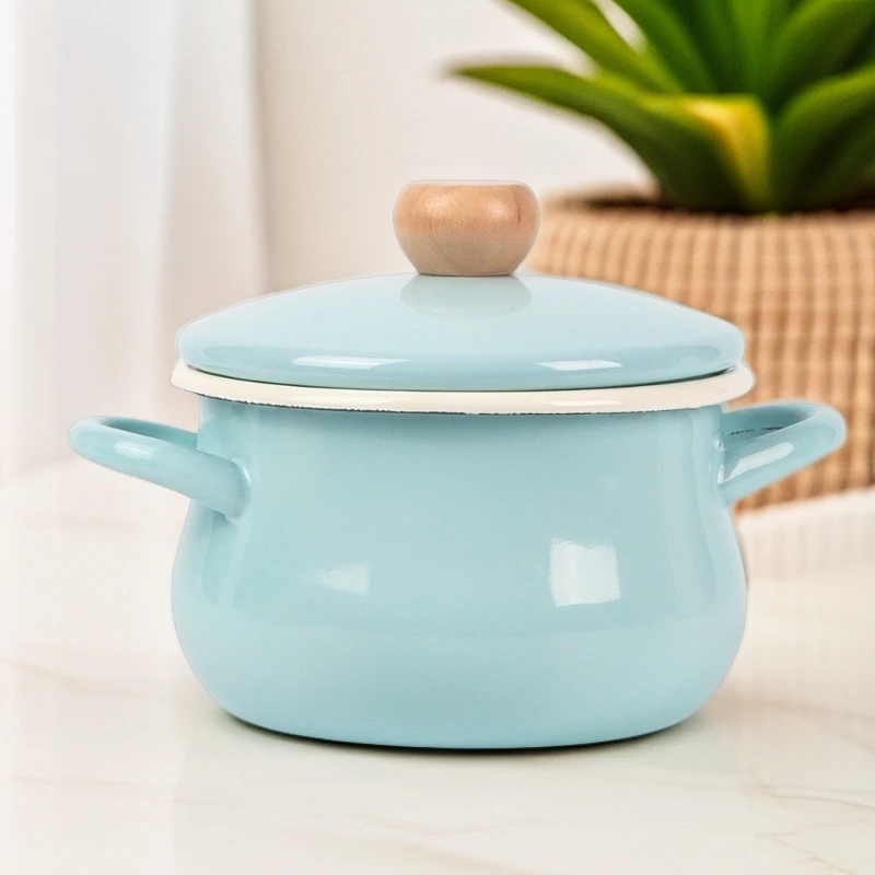 26cm翻边卡通锅蓝色搪瓷珐琅加厚卷边双耳蓝色汤锅明火电磁炉通用