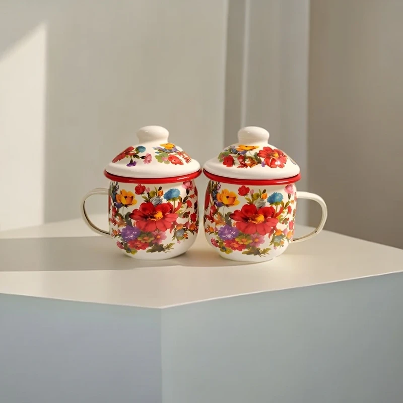 8厘米高颜值搪瓷胖杯精美花卉带盖牛奶杯儿童水杯汤锅拍一发二