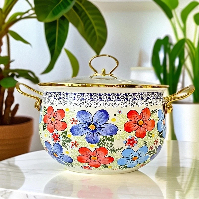 20cm精品汤锅七色花图案珐琅搪瓷汤锅玻璃盖加厚加高炖锅