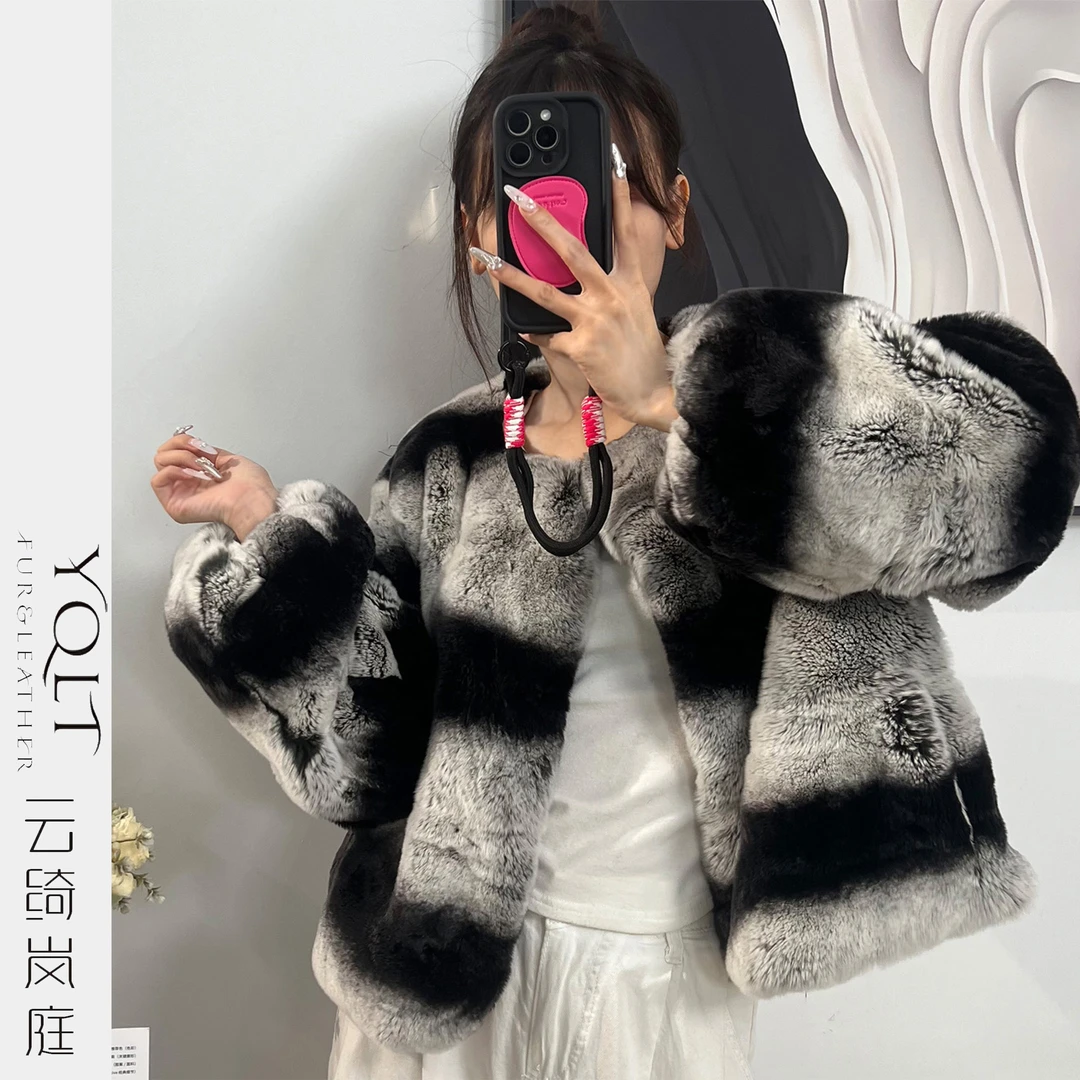 云绮岚庭【龙猫纹】进口青紫蓝獭兔皮毛一体仿龙猫宽松设计师外套