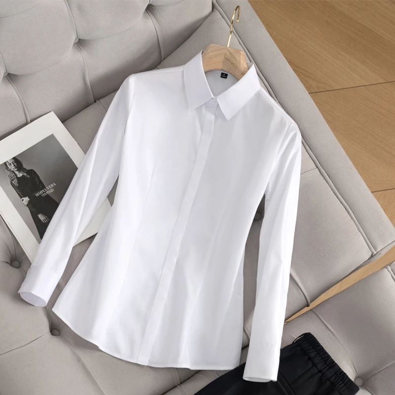 白衬衫女长袖春秋新款防走光面试商务休闲显瘦气质职业棉质衬衣潮