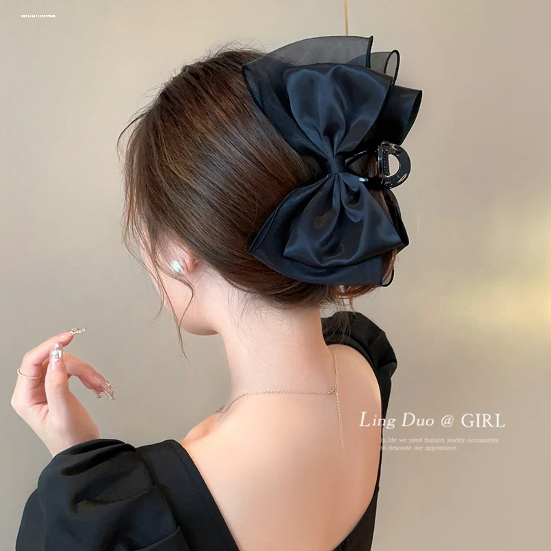 网纱蝴蝶结抓夹鲨鱼夹头饰发卡盘发大号夹子高级发夹后脑勺气质