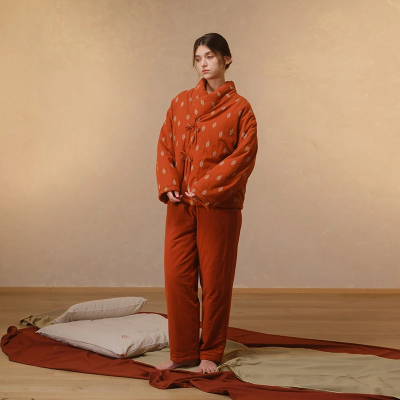 朵朵可可睡衣女2024冬里外全棉中式立领夹棉家居服套装DW242CZ029