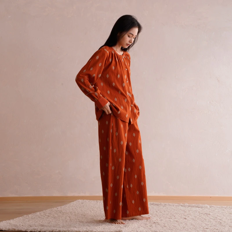 朵朵可可睡衣女春秋季新款纯棉盘扣国风长袖裤家居套装DW242CZ040