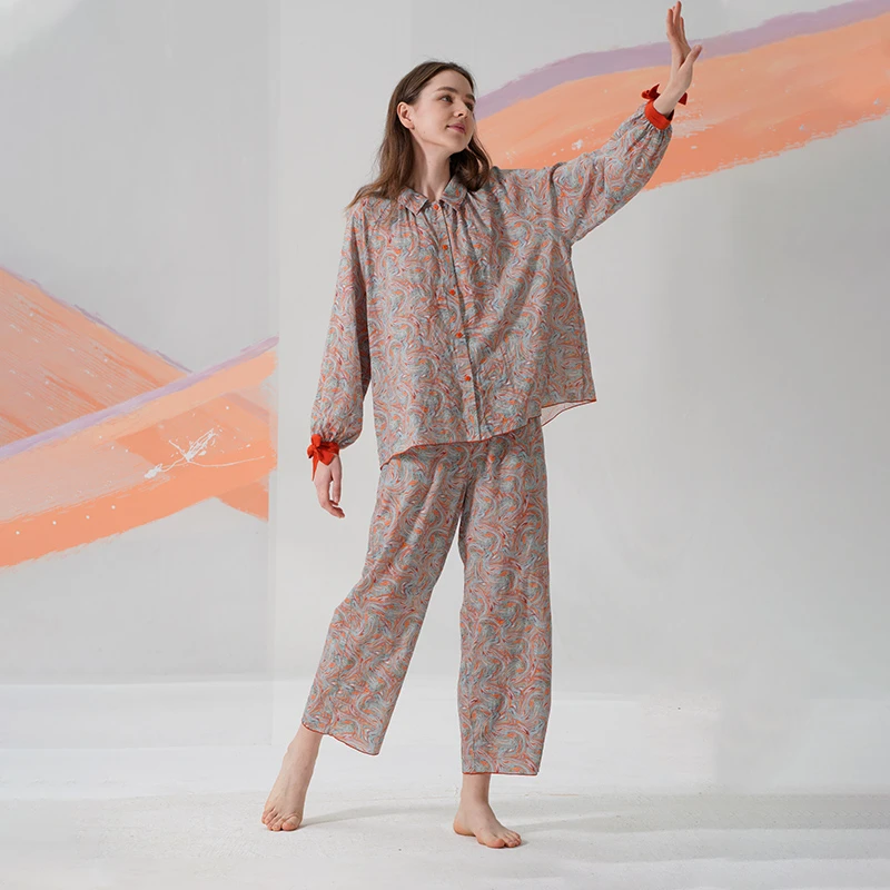 朵朵可可睡衣女春秋新品棉混纺复古开衫长袖套装居家服DW231CZ155