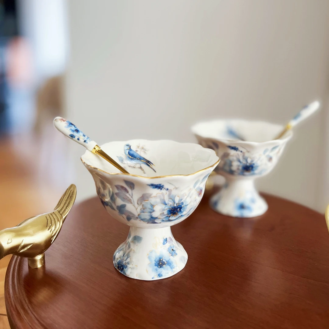 大鱼美居 珂莱斯富贵蓝鸟 骨瓷小高脚雪糕杯甜品碗  家用高档果碗