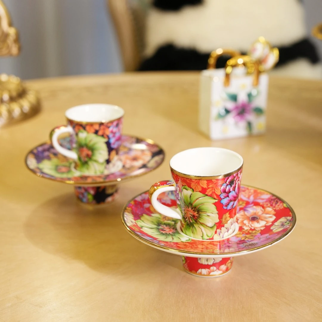 大鱼美居 轻奢春色满园咖啡杯碟手工描金高档咖啡杯 家居装饰摆件