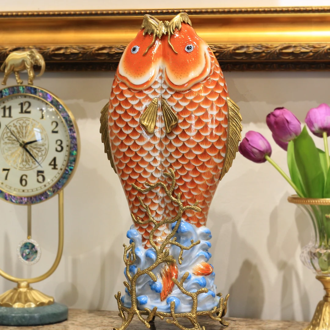 QY-中式轻奢铜配瓷锦鲤水波纹花瓶摆件 家居装饰创意摆件