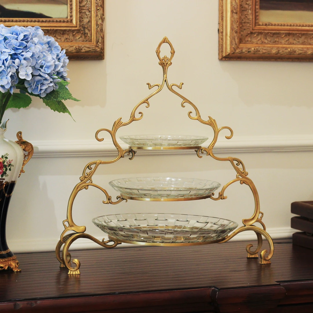 大鱼美居 欧式卷边黄铜雕花三层玻璃提篮果盘 家居装饰收纳摆件