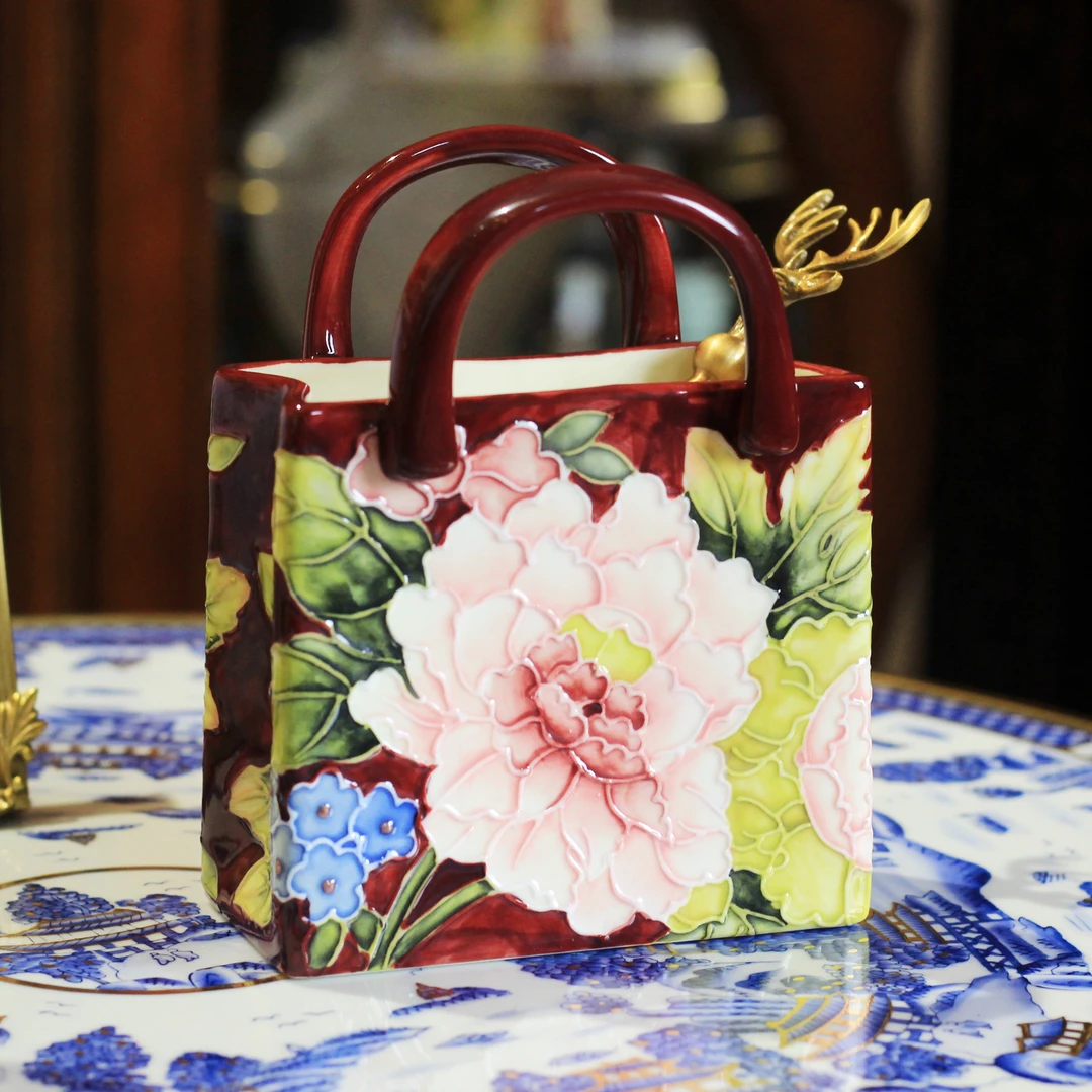 大鱼美居 轻奢复古红陶瓷牡丹包包创意摆件 客厅餐厅咖啡勺收纳