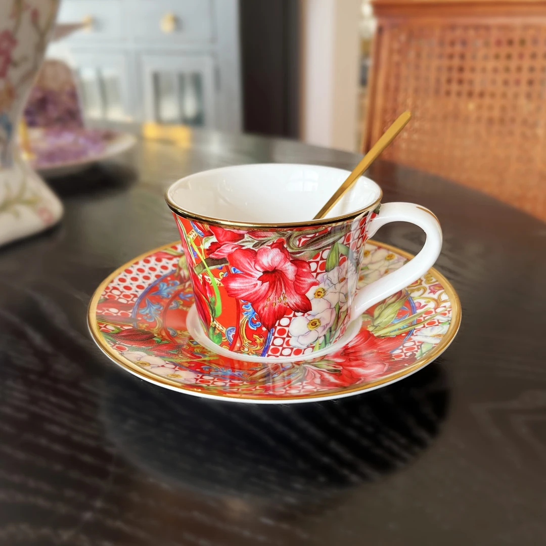 大鱼美居 繁花似锦骨瓷咖啡2杯碟礼盒  欧式精致高档红茶杯马克杯