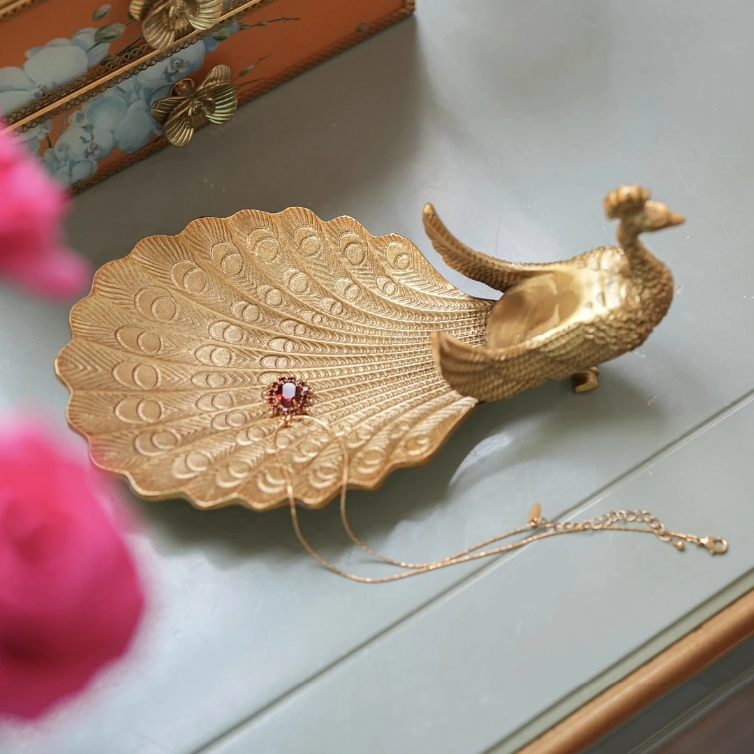 大鱼美居 轻奢高档黄铜孔雀首饰托盘客厅玄关卧室收纳盘摆件