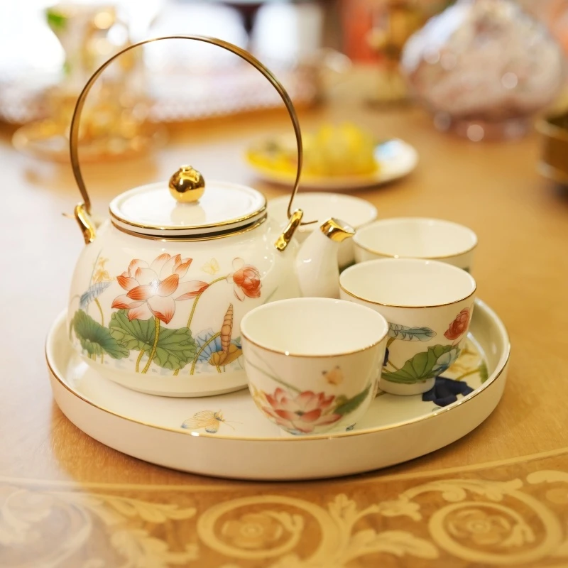 大鱼美居 中式白瓷羊脂玉手绘荷花茶具茶杯 创意陶瓷家用送礼套装