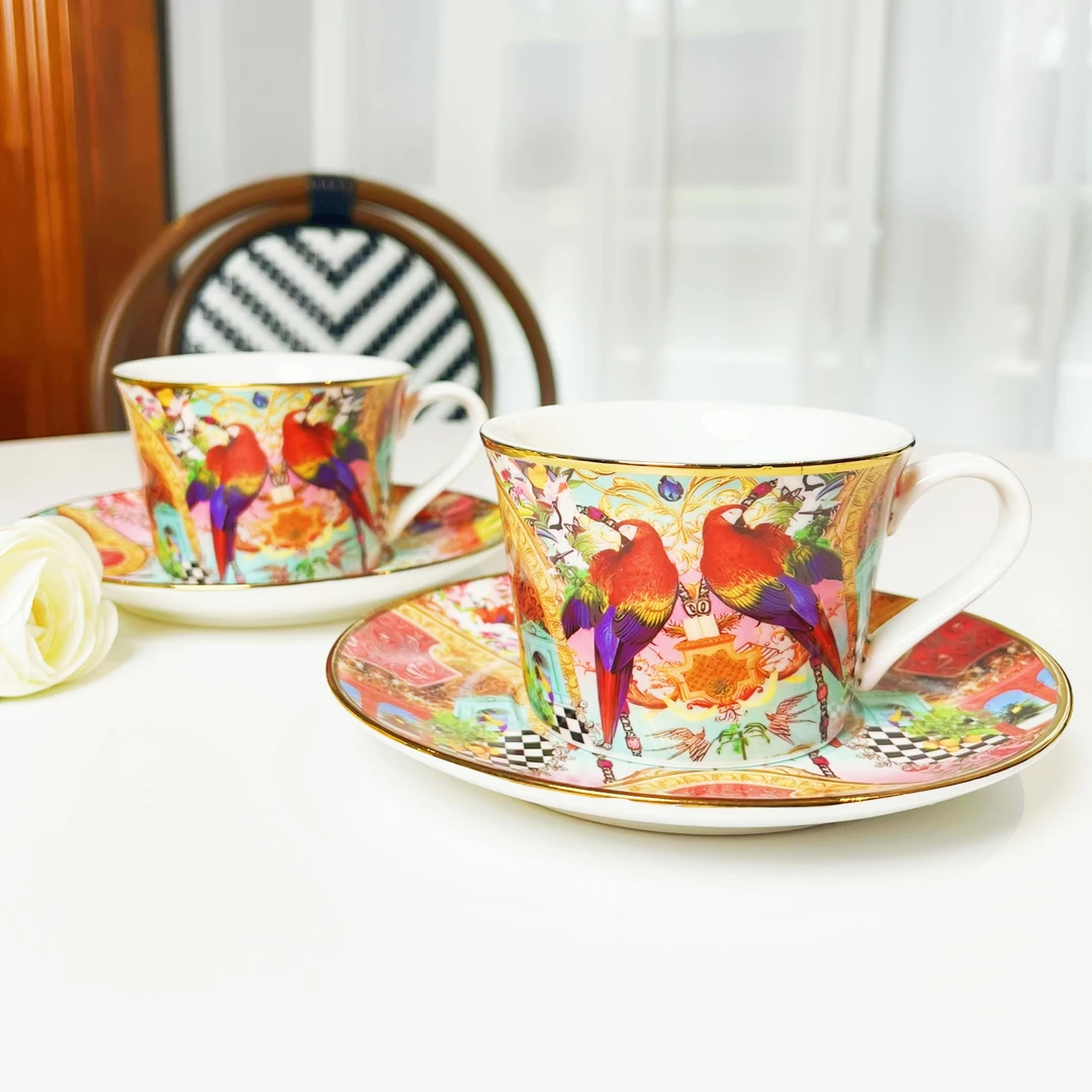 大鱼美居  米兰花园2杯2碟咖啡杯碟#BD135  欧式时尚高档陶瓷摆件