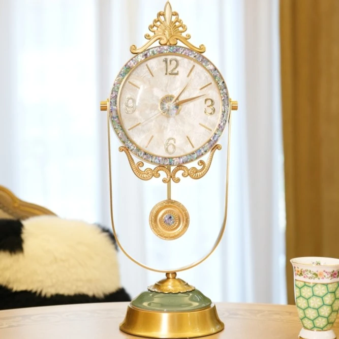 大鱼美居 轻奢黄铜 彩色贝壳 座钟客厅书房时尚钟表高档 摆钟摆件