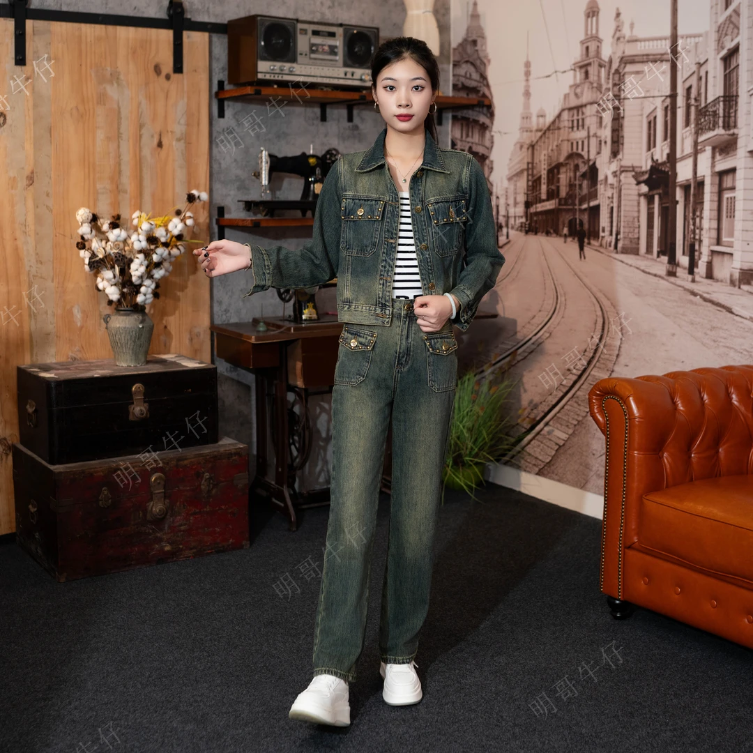 蓓蓓牛仔秋上新怀旧复古蓝浅色做旧铆钉可调腰头修身牛仔套装803