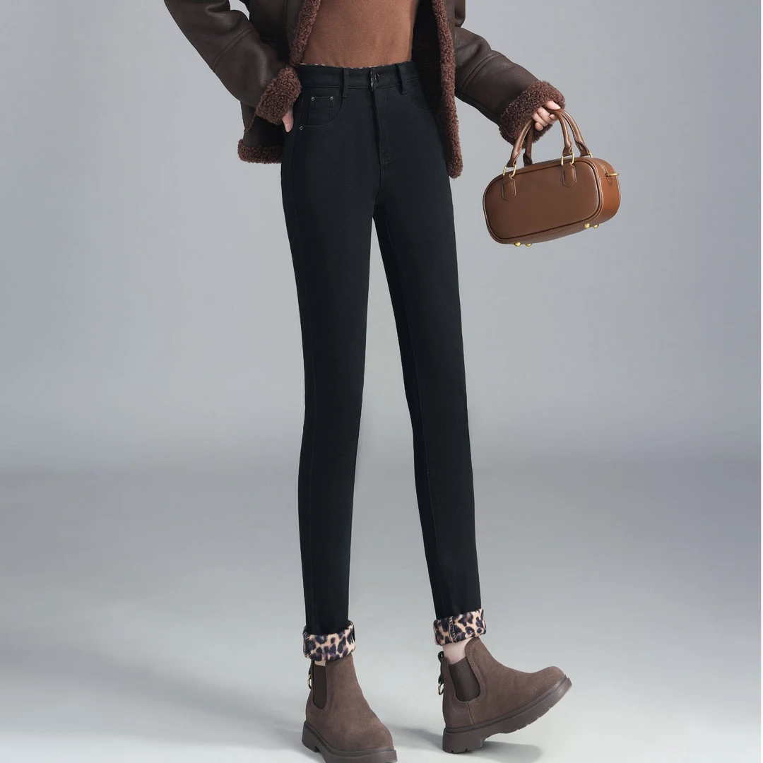 蓓蓓牛仔冬季新款时尚显瘦豹纹绒小脚裤2447