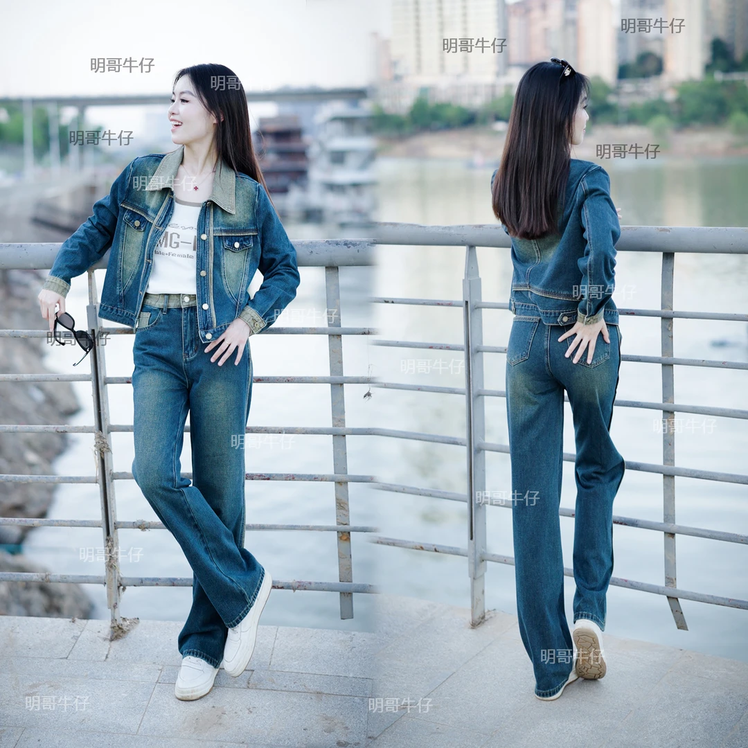 蓓蓓牛仔原创拼色衣领袖口做旧国风修身深蓝色直筒裤套装12248