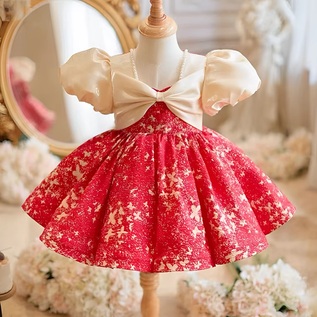生日周岁女宝宝抓周儿童小公主红色连衣裙花童婚礼高端洋气蓬蓬裙