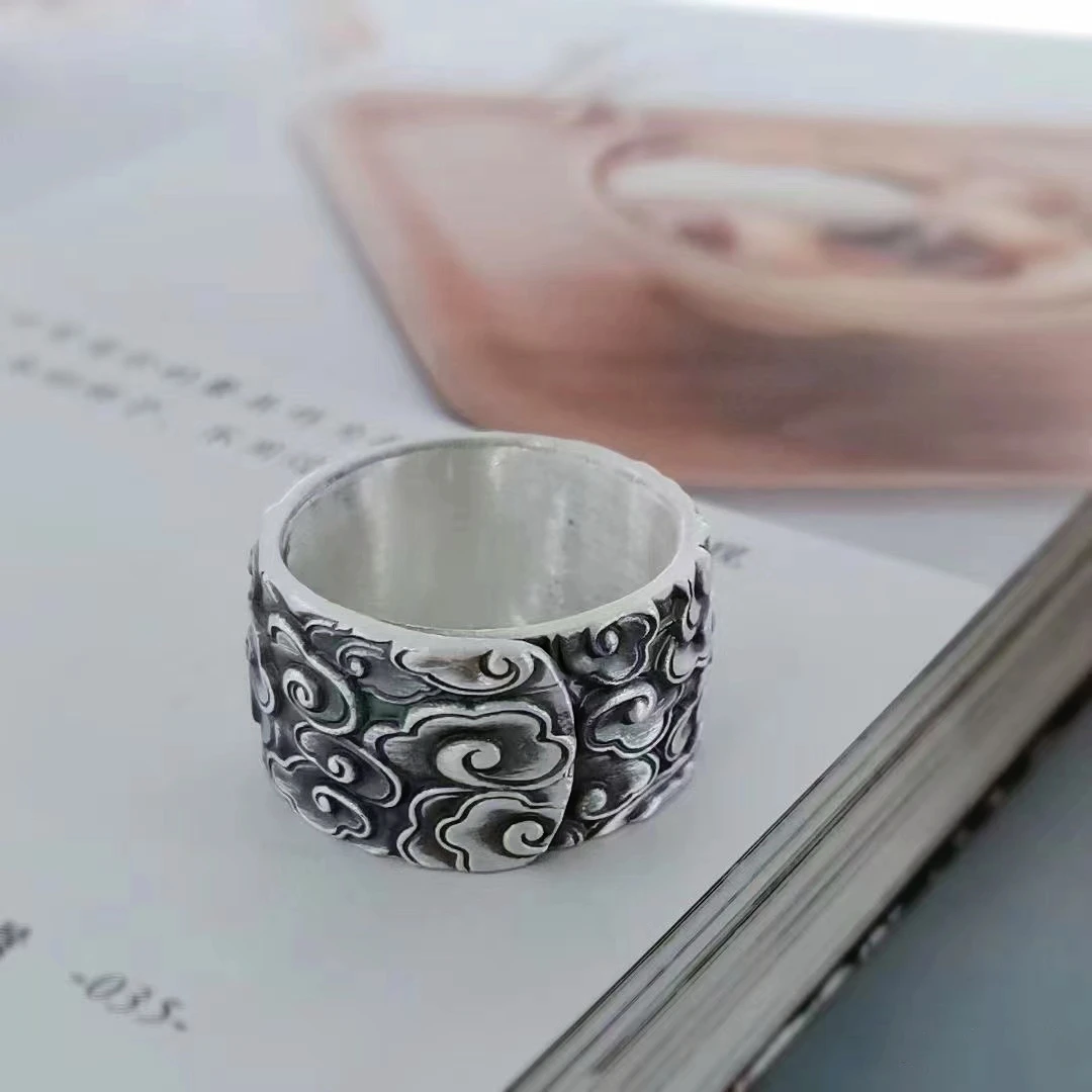 足银戒指 《银礼阁》足银999 手工雕刻满工祥云纹戒指 复古云纹