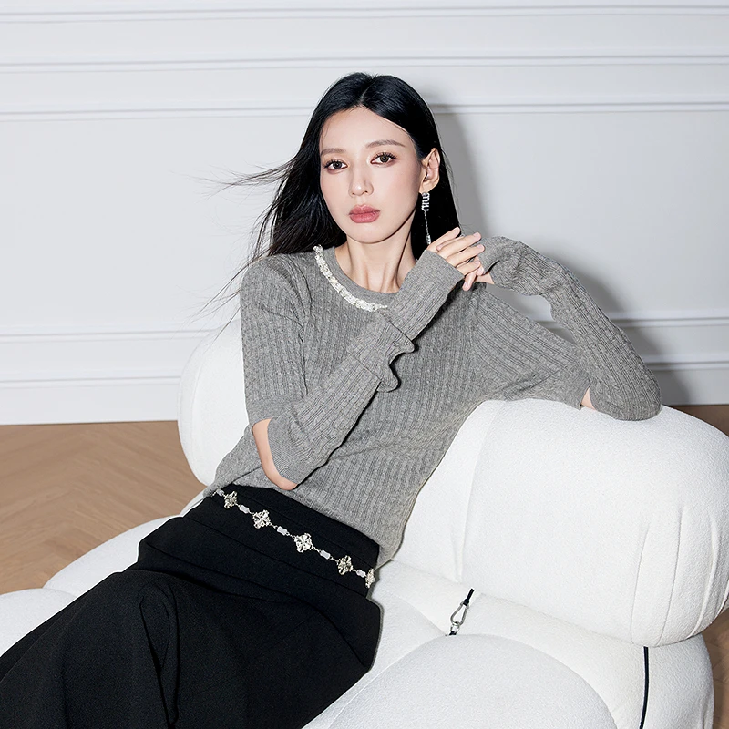 COLOVE灰色钉珠针织衫女慵懒毛衣秋季新款可拆卸袖套843P095