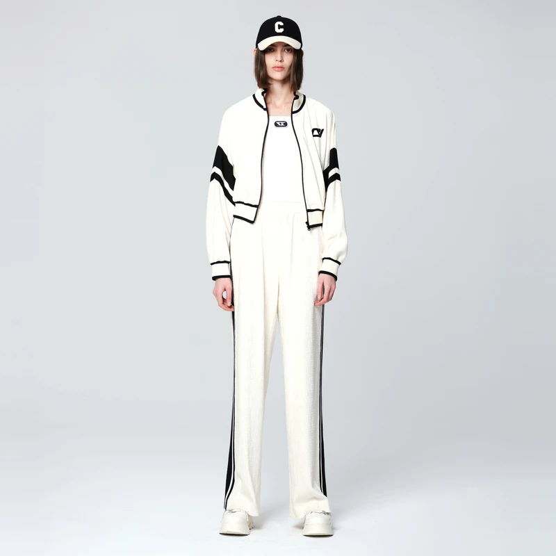 COLOVE撞色运动休闲套装女秋冬新款褶皱外套垂感直筒裤233W179