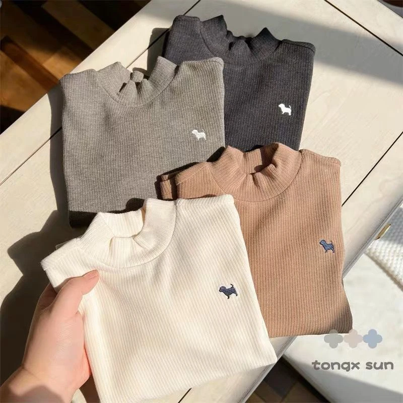 可爱哆啦儿童春秋季新款高弹柔软德绒内里半高领打底衫男女童坑条