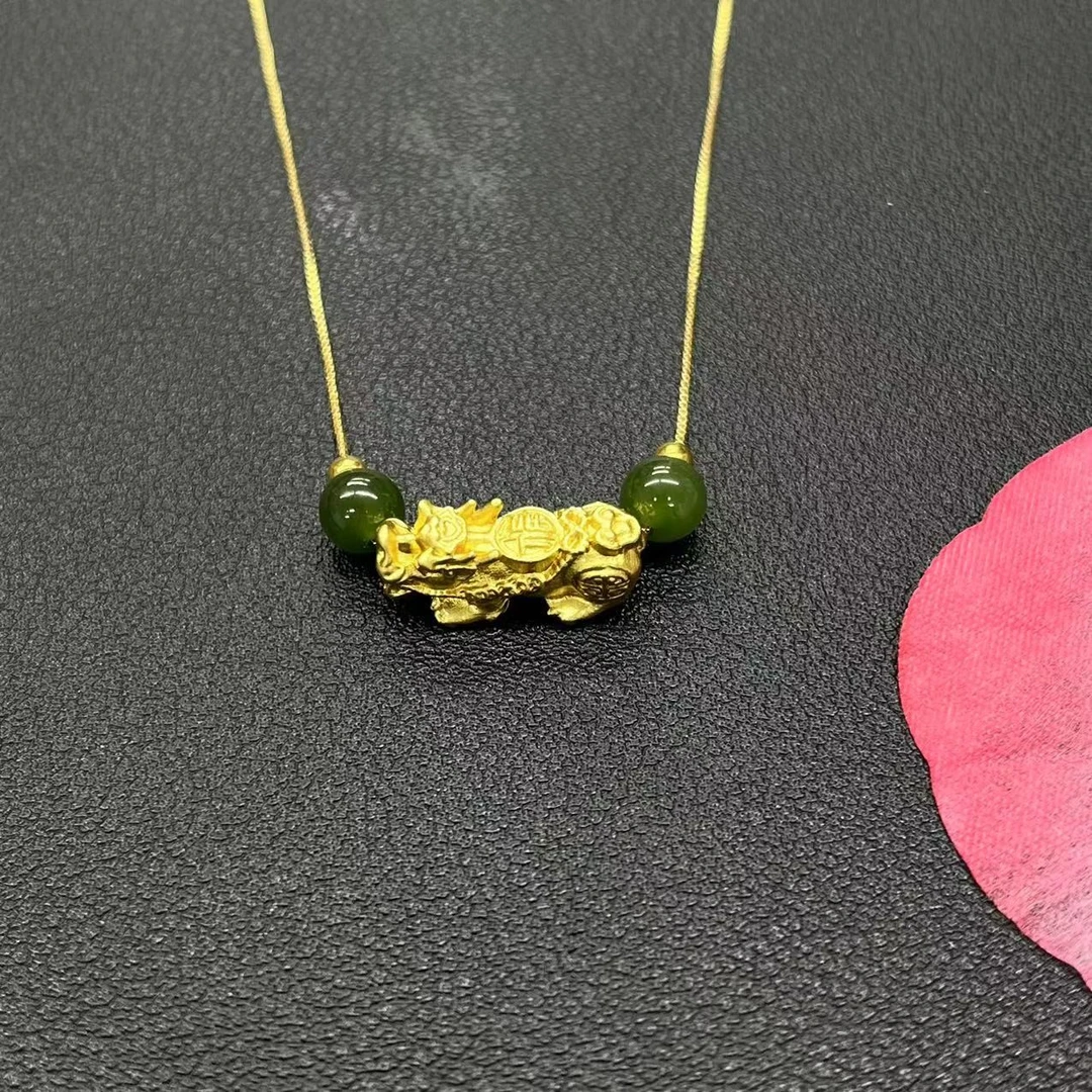 中国金店-足金999金珠和田玉碧玉貔貅吊坠送证书礼盒G51