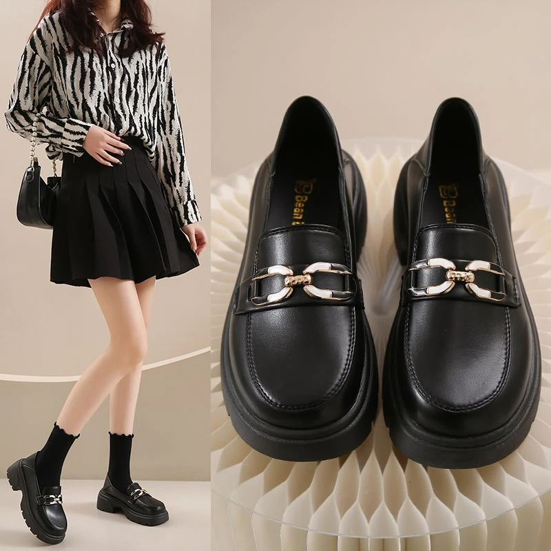 学院风女单厚底乐福鞋圆头乐福鞋春秋单鞋百搭黑色复古英伦风粗跟