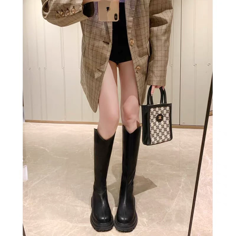 厚底V口不过膝长靴女2024秋冬季新款小个子长筒靴显瘦高筒骑士靴