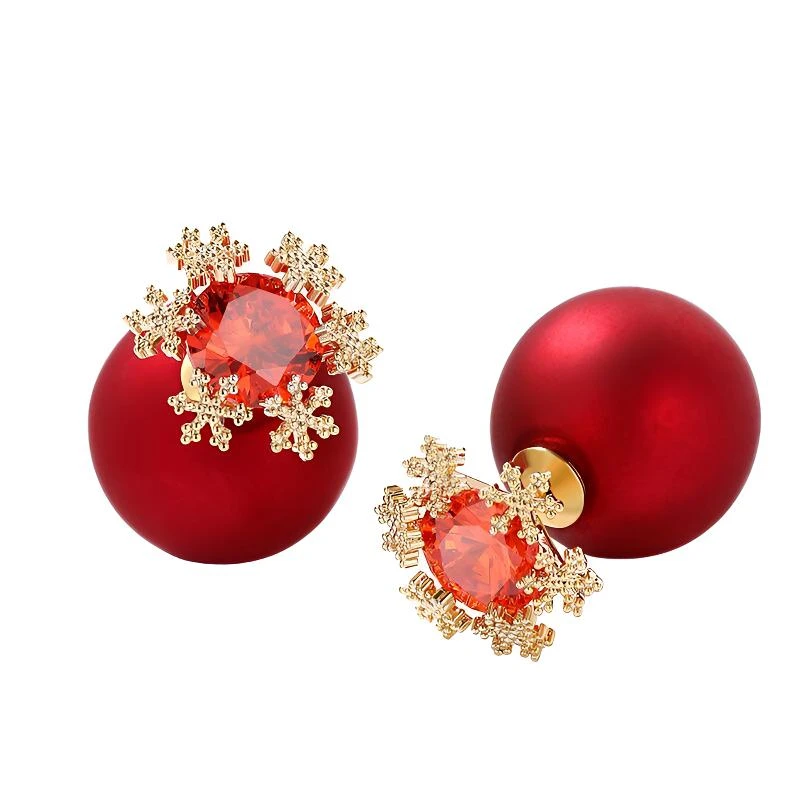 铜合金耳饰 时尚 国风气质百搭精致耳环轻奢简约红色珠珠雪花耳坠