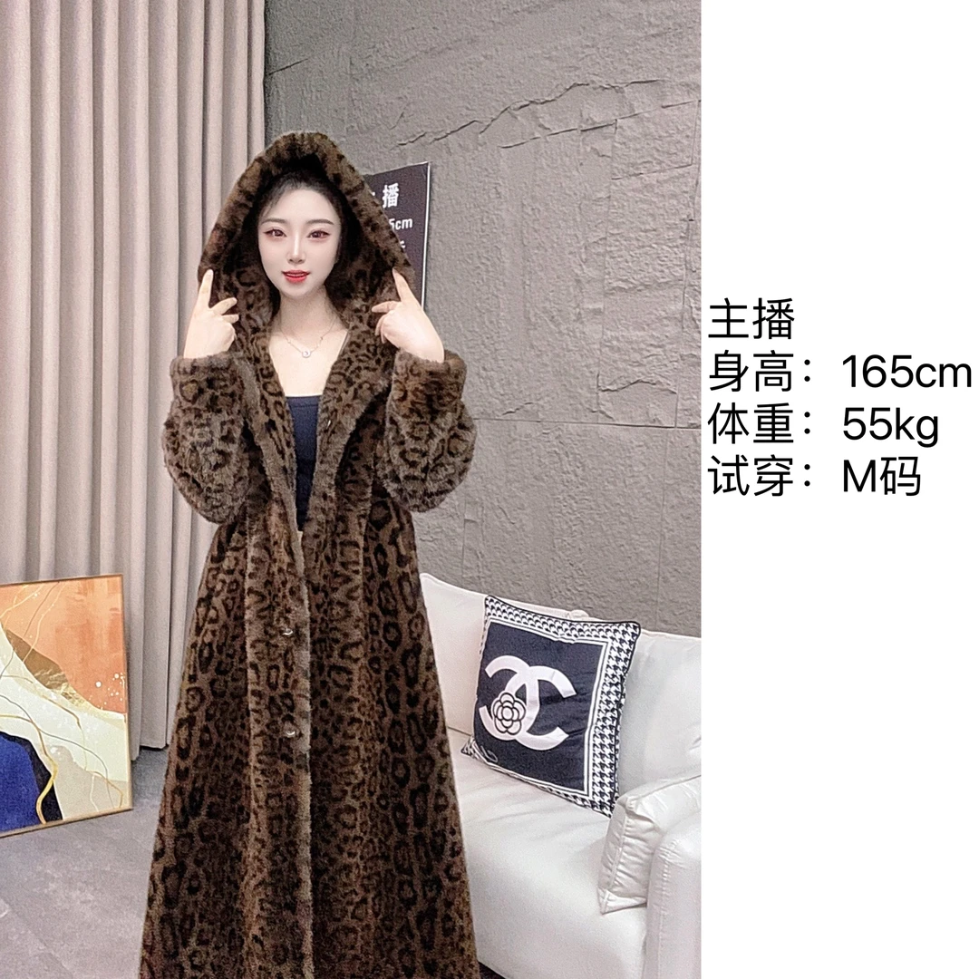 2024新款豹纹连帽时尚秋冬冬季百搭加厚女士外套加长款