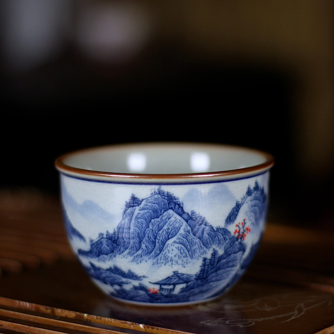 【青花釉里红】景德镇高温釉下彩老陶泥开片手工茶具主人杯山水缸杯