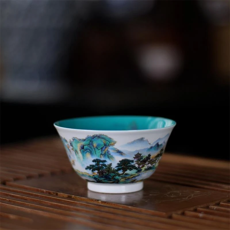 【松石绿釉】景德镇粉彩系列中式山水主人杯--千里江山图高档复古