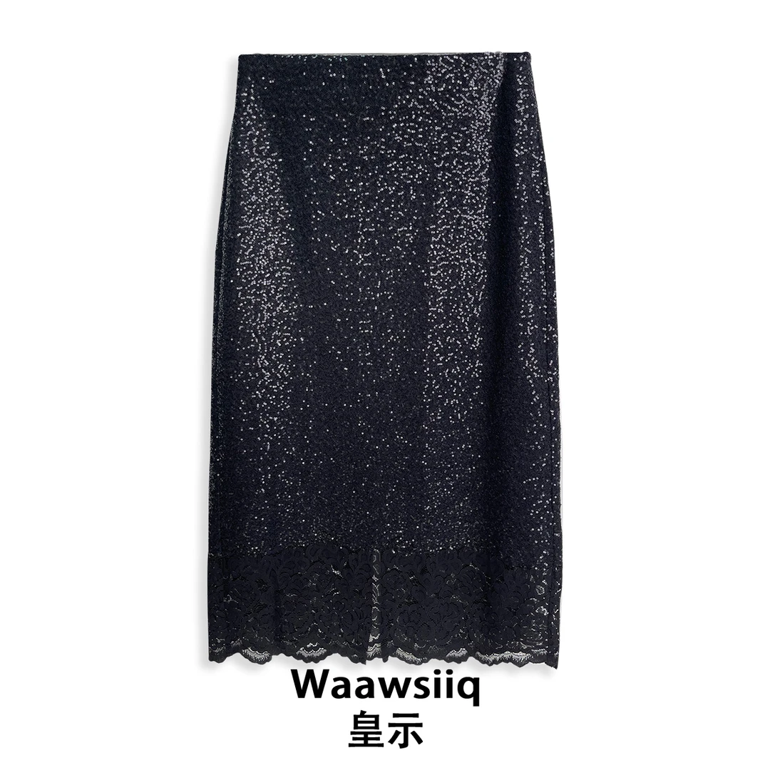 名媛气质蕾丝拼接亮片高腰半身包臀裙/K393